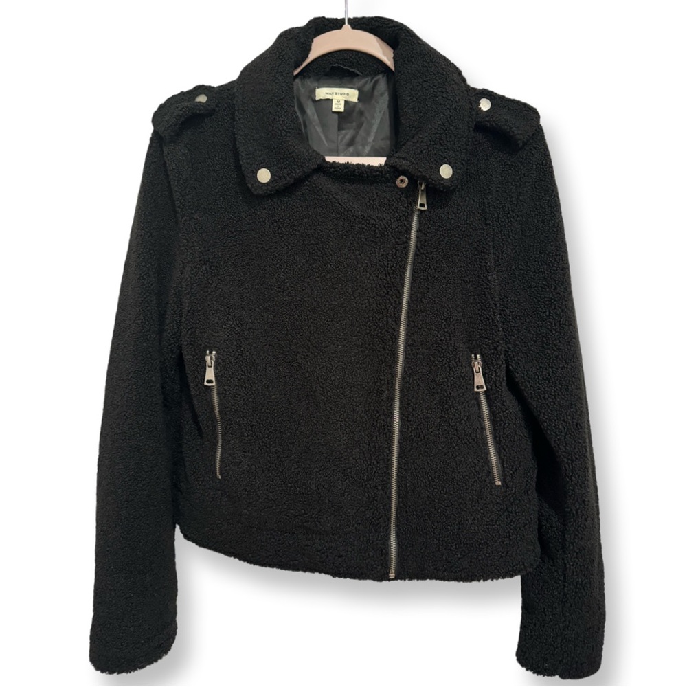 MAX STUDIO‎ ASYMMETRICAL MOTO JACKET FAUX FUR BLACK COLLARED EDGY STREETWEAR MED - Picture 3 of 7